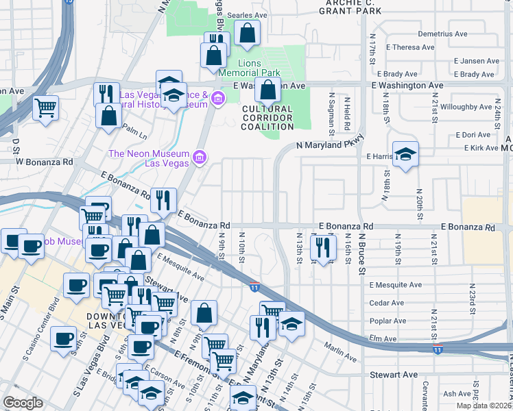 map of restaurants, bars, coffee shops, grocery stores, and more near 636 North 10th Street in Las Vegas