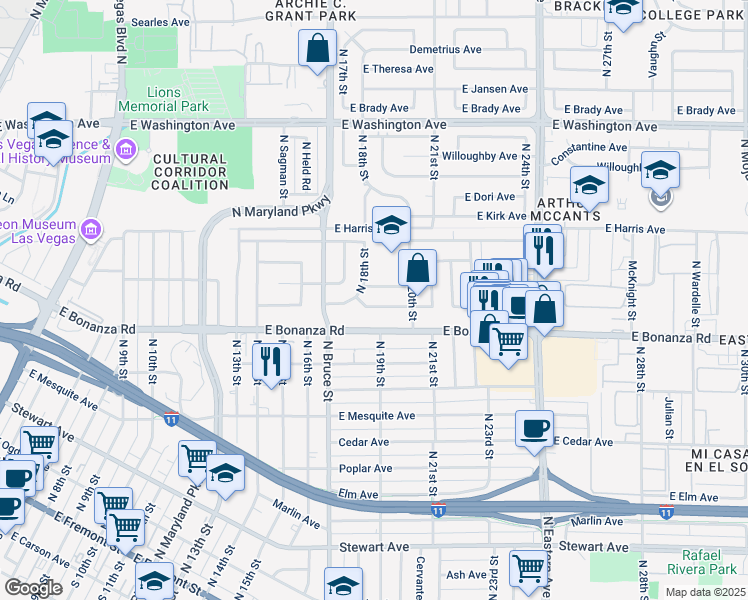 map of restaurants, bars, coffee shops, grocery stores, and more near 1812 Ryan Avenue in Las Vegas
