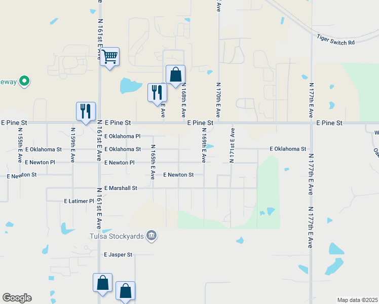 map of restaurants, bars, coffee shops, grocery stores, and more near 16710 East Oklahoma Street in Tulsa