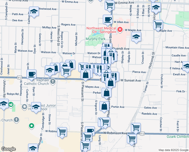 map of restaurants, bars, coffee shops, grocery stores, and more near 917 Eicher Avenue in Springdale
