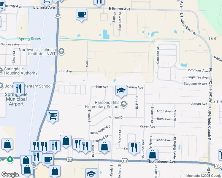 map of restaurants, bars, coffee shops, grocery stores, and more near 2106 Kim Avenue in Springdale