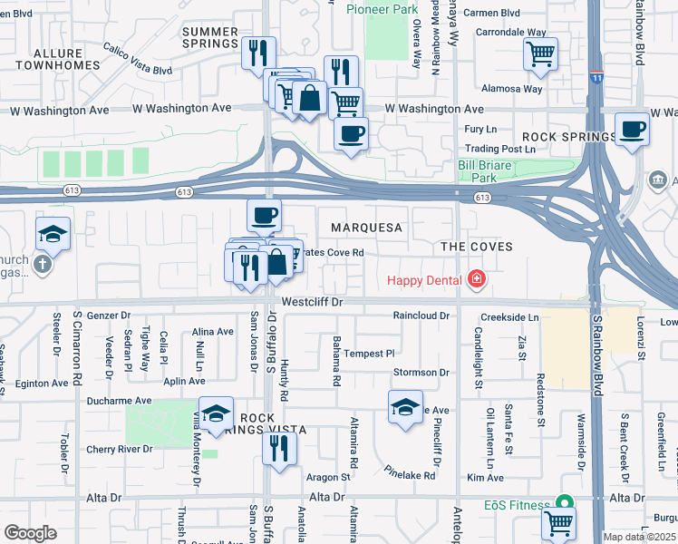 map of restaurants, bars, coffee shops, grocery stores, and more near 101 Luna Way in Las Vegas