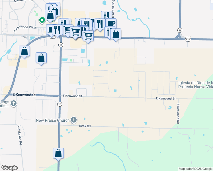 map of restaurants, bars, coffee shops, grocery stores, and more near 3203 East Kenwood Street in Siloam Springs