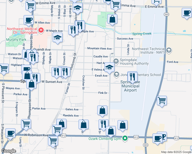 map of restaurants, bars, coffee shops, grocery stores, and more near 413 Ewalt Avenue in Springdale