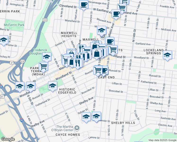 map of restaurants, bars, coffee shops, grocery stores, and more near 935 Russell Street in Nashville