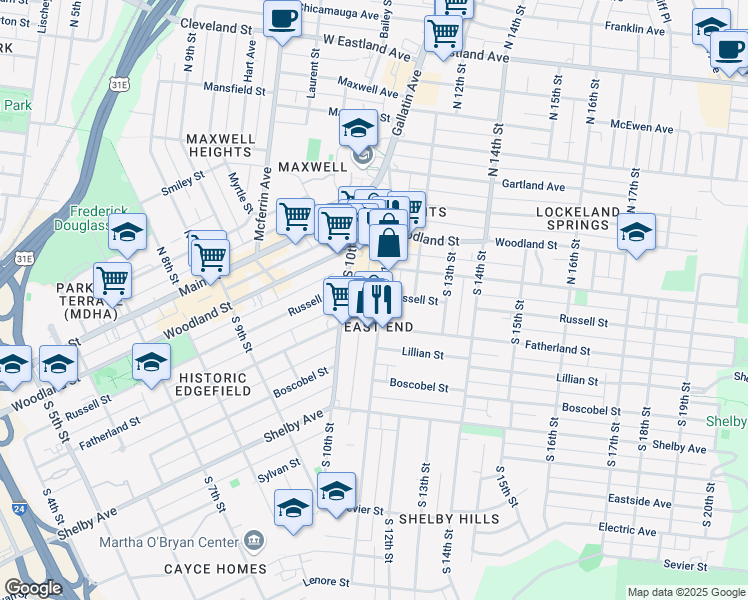 map of restaurants, bars, coffee shops, grocery stores, and more near 1020 Russell Street in Nashville