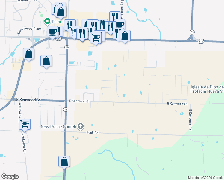 map of restaurants, bars, coffee shops, grocery stores, and more near 3203 East Kenwood Street in Siloam Springs