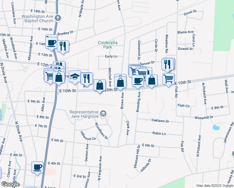 map of restaurants, bars, coffee shops, grocery stores, and more near 711-799 East 10th Street in Cookeville
