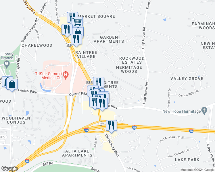 map of restaurants, bars, coffee shops, grocery stores, and more near 245 Burning Tree Drive in Nashville