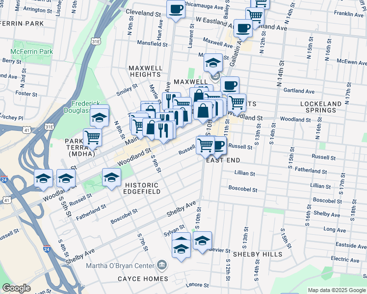map of restaurants, bars, coffee shops, grocery stores, and more near 934 Woodland Street in Nashville