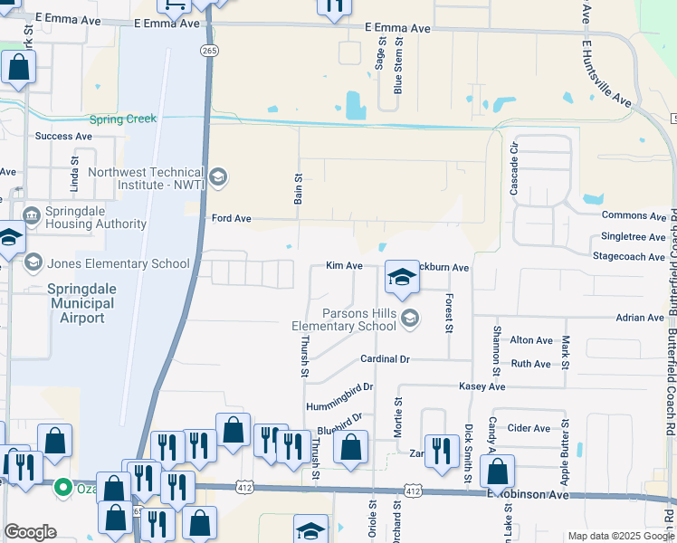 map of restaurants, bars, coffee shops, grocery stores, and more near 2008 Kim Avenue in Springdale