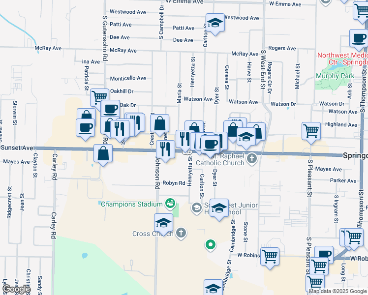 map of restaurants, bars, coffee shops, grocery stores, and more near 2250 West Sunset Avenue in Springdale