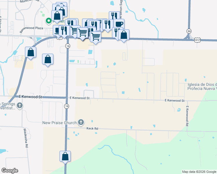 map of restaurants, bars, coffee shops, grocery stores, and more near 3115 East Kenwood Street in Siloam Springs