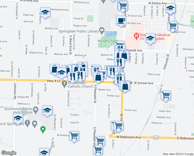 map of restaurants, bars, coffee shops, grocery stores, and more near 907 South Pleasant Street in Springdale