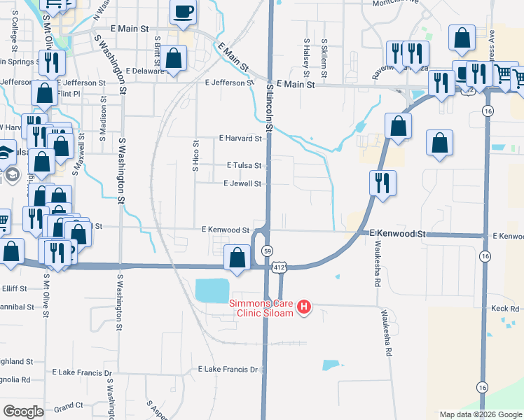 map of restaurants, bars, coffee shops, grocery stores, and more near 990 South Lincoln Street in Siloam Springs
