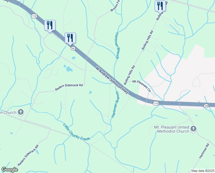 map of restaurants, bars, coffee shops, grocery stores, and more near 42 Myers Acres Lane in Greeneville