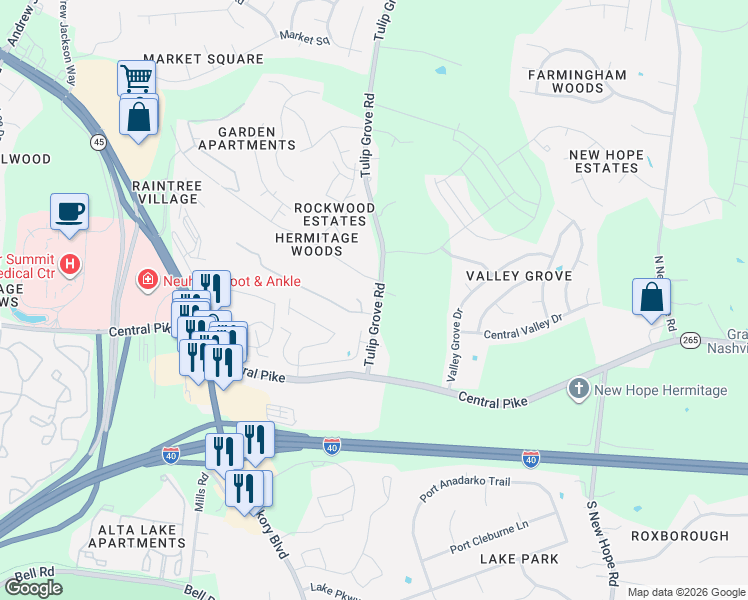 map of restaurants, bars, coffee shops, grocery stores, and more near 1308 Tulip Grove Road in Nashville