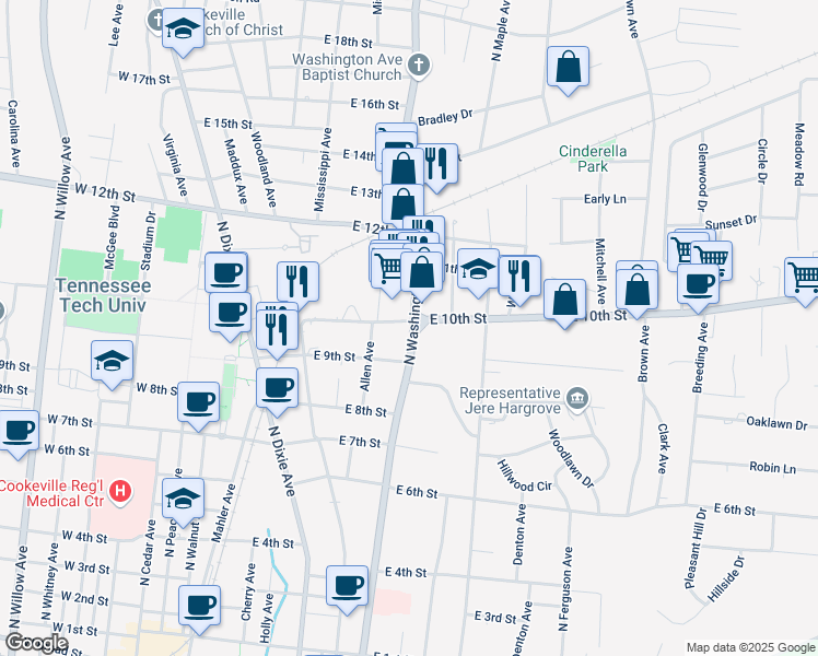 map of restaurants, bars, coffee shops, grocery stores, and more near 1064 North Washington Avenue in Cookeville