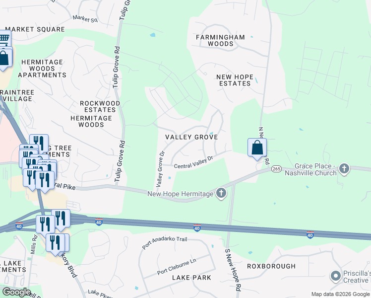 map of restaurants, bars, coffee shops, grocery stores, and more near 4430 Gina Brooke Drive in Nashville