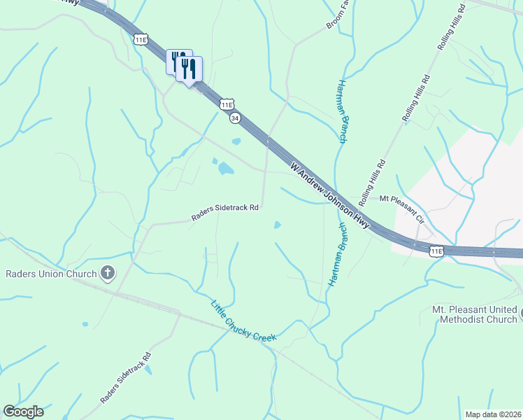 map of restaurants, bars, coffee shops, grocery stores, and more near 217 Raders Sidetrack Road in Greeneville