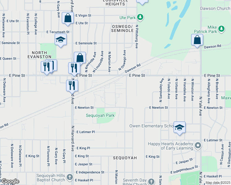 map of restaurants, bars, coffee shops, grocery stores, and more near 1398 North Marion Avenue in Tulsa