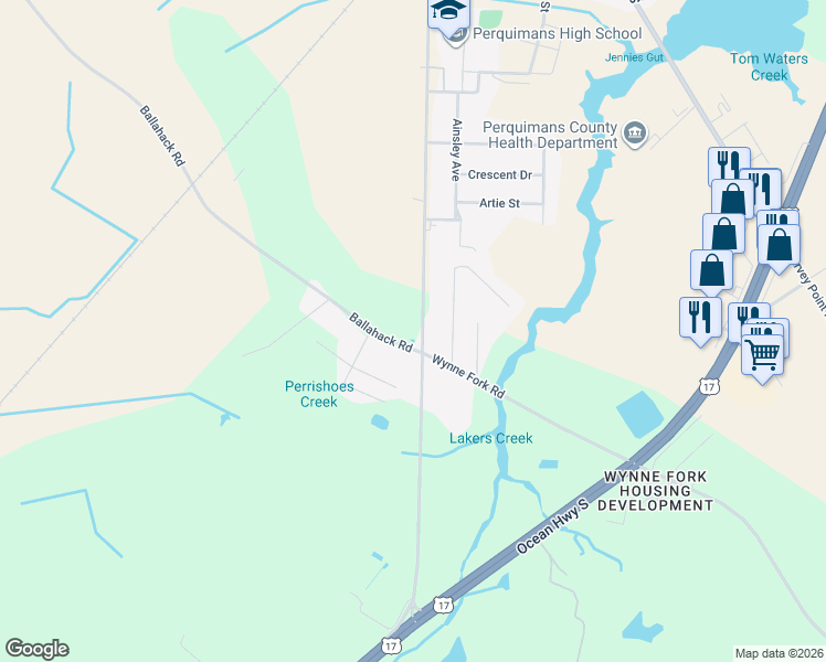map of restaurants, bars, coffee shops, grocery stores, and more near 716 S Edenton Rd St in Hertford