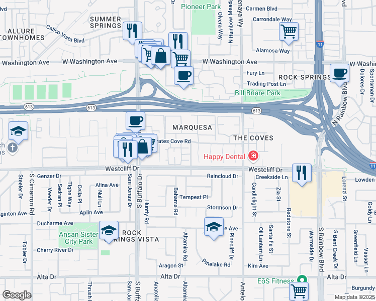 map of restaurants, bars, coffee shops, grocery stores, and more near 101 Luna Way in Las Vegas