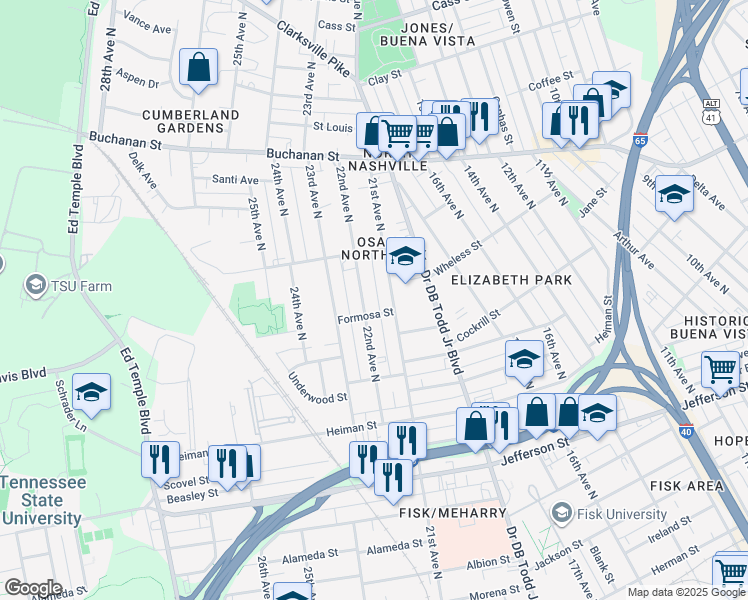 map of restaurants, bars, coffee shops, grocery stores, and more near 1609 21st Avenue North in Nashville