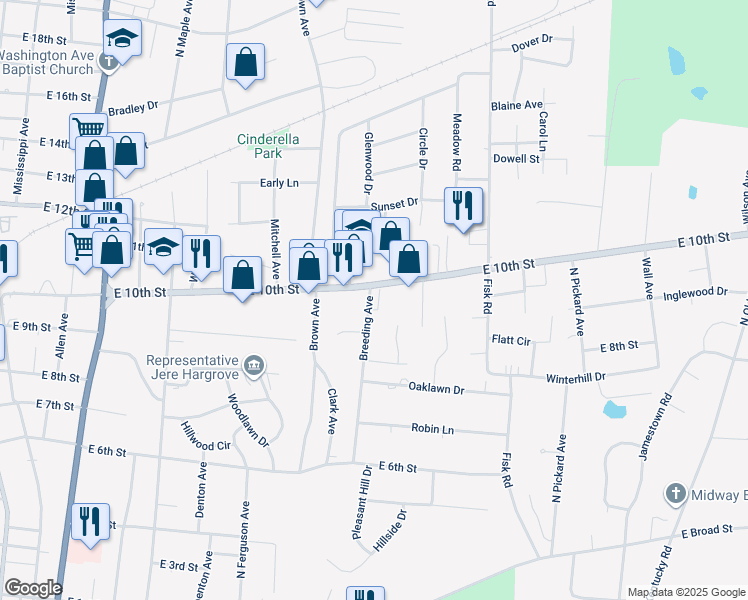 map of restaurants, bars, coffee shops, grocery stores, and more near 951 East 10th Street in Cookeville