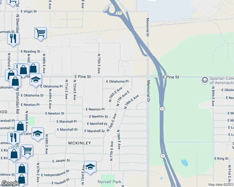 map of restaurants, bars, coffee shops, grocery stores, and more near 1407 North 76th East Avenue in Tulsa