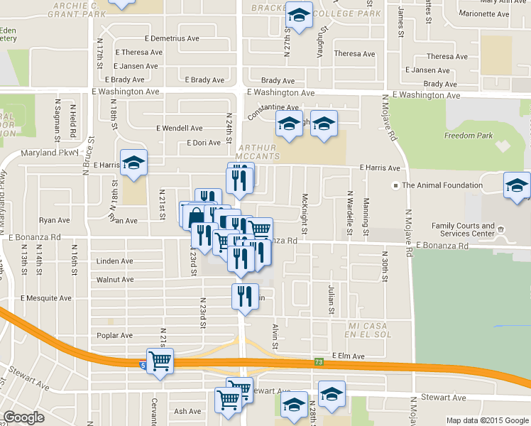 map of restaurants, bars, coffee shops, grocery stores, and more near 651 McKnight Street in Las Vegas