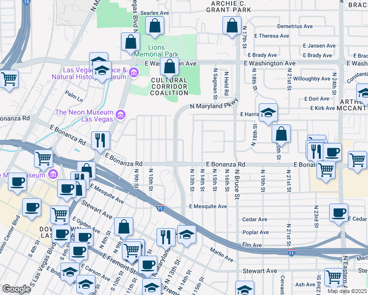 map of restaurants, bars, coffee shops, grocery stores, and more near 628 North 12th Street in Las Vegas