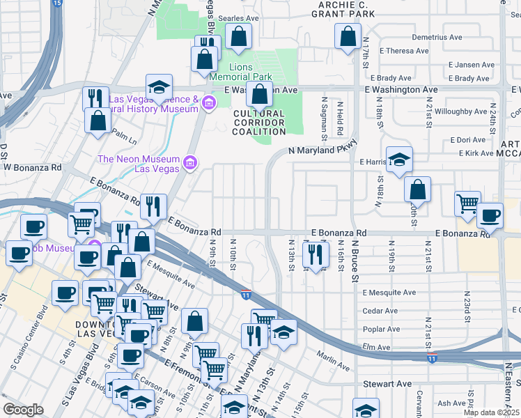 map of restaurants, bars, coffee shops, grocery stores, and more near 641 North Maryland Parkway in Las Vegas