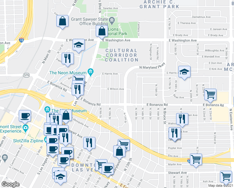 map of restaurants, bars, coffee shops, grocery stores, and more near 641 North Maryland Parkway in Las Vegas