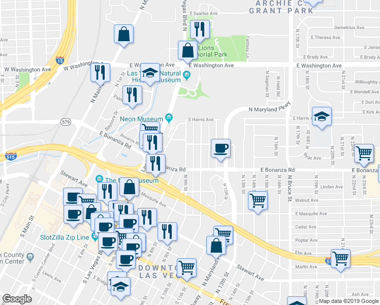 map of restaurants, bars, coffee shops, grocery stores, and more near 634 North 9th Street in Las Vegas