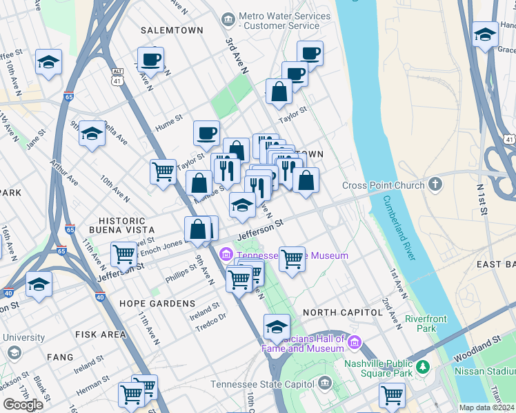 map of restaurants, bars, coffee shops, grocery stores, and more near 1205B 5th Avenue North in Nashville