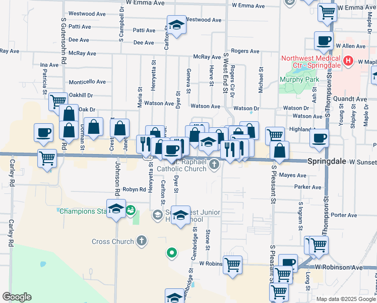 map of restaurants, bars, coffee shops, grocery stores, and more near 1840 West Sunset Avenue in Springdale