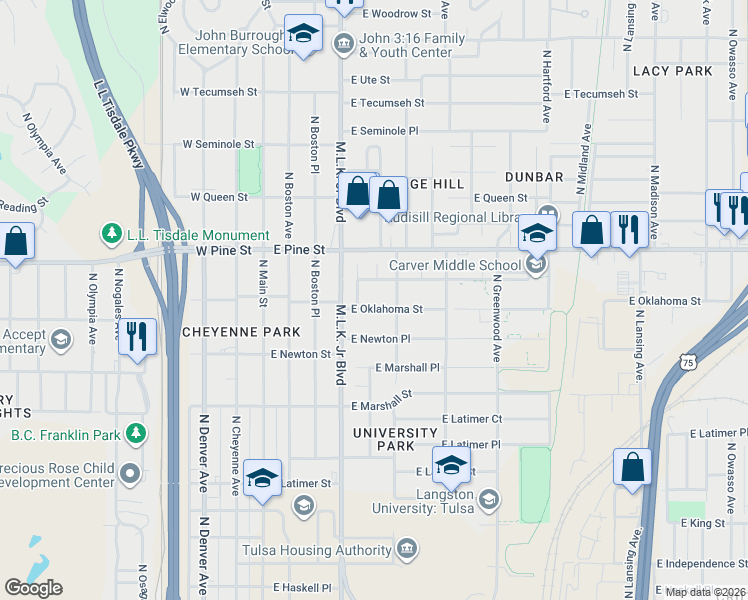 map of restaurants, bars, coffee shops, grocery stores, and more near 224 East Oklahoma Place in Tulsa