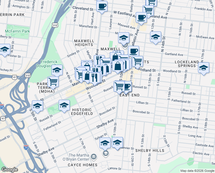 map of restaurants, bars, coffee shops, grocery stores, and more near 935 Russell Street in Nashville