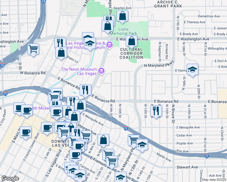 map of restaurants, bars, coffee shops, grocery stores, and more near 628 North 9th Street in Las Vegas