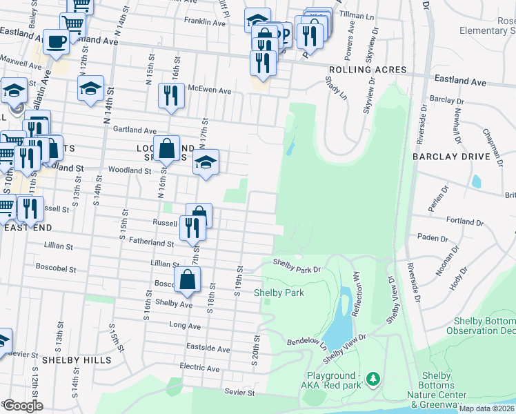 map of restaurants, bars, coffee shops, grocery stores, and more near 1902 Oakhill Drive in Nashville