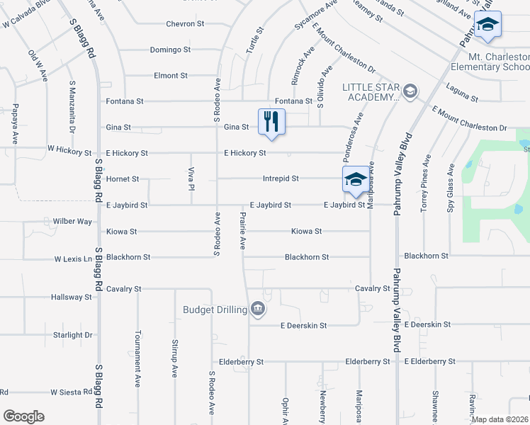 map of restaurants, bars, coffee shops, grocery stores, and more near 581 East Jaybird Street in Pahrump