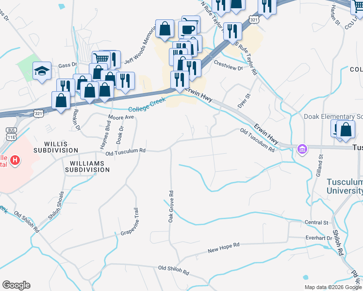 map of restaurants, bars, coffee shops, grocery stores, and more near 2205 Old Tusculum Road in Greeneville