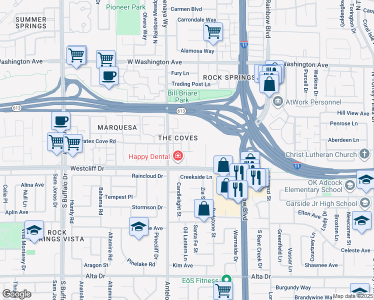 map of restaurants, bars, coffee shops, grocery stores, and more near 217 Yardarm Way in Las Vegas
