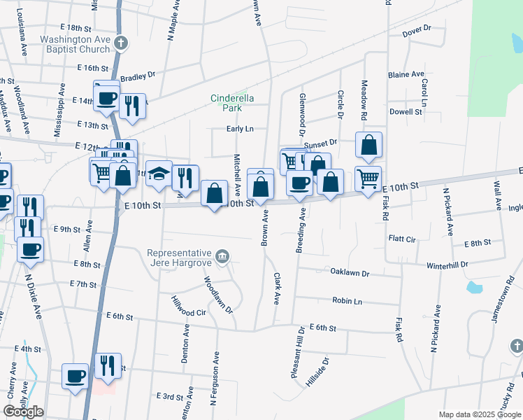 map of restaurants, bars, coffee shops, grocery stores, and more near 711 East 10th Street in Cookeville