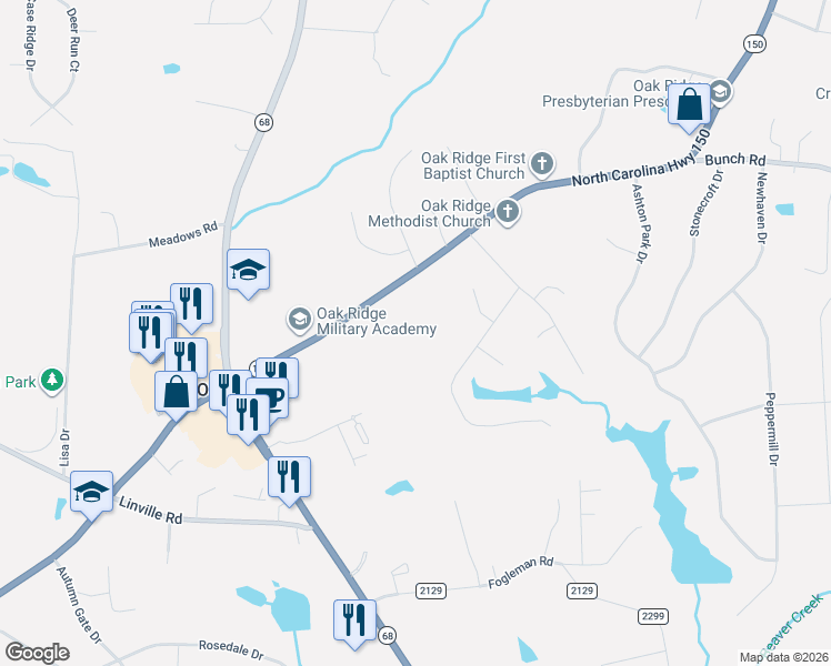map of restaurants, bars, coffee shops, grocery stores, and more near 2338 Oak Ridge Road in Oak Ridge