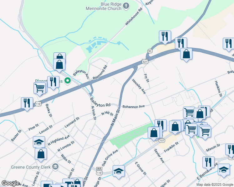 map of restaurants, bars, coffee shops, grocery stores, and more near 709 North Main Street in Greeneville