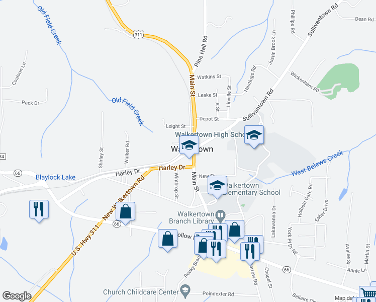 map of restaurants, bars, coffee shops, grocery stores, and more near 4975 Sullivantown Road in Walkertown