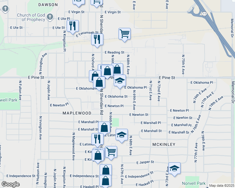 map of restaurants, bars, coffee shops, grocery stores, and more near 1436 N 67th E Ave in Tulsa