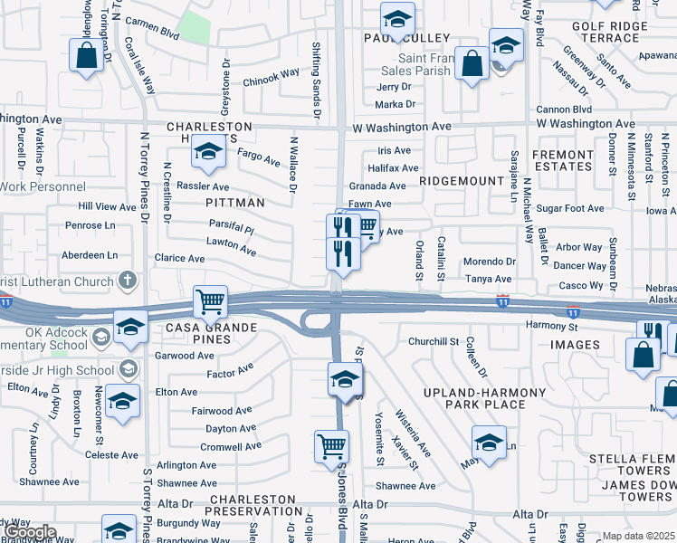 map of restaurants, bars, coffee shops, grocery stores, and more near 2 North Jones Boulevard in Las Vegas